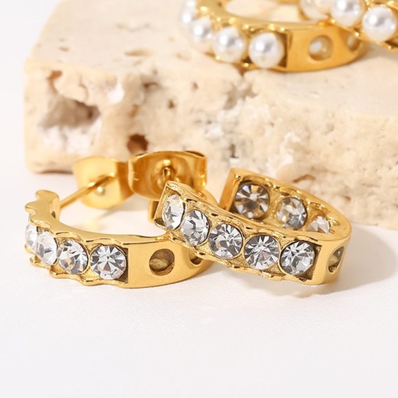 Inlaid Full Zircon CC Shape Huggie Hoop Earrings 18K Gold Plated Stainless Steel - Picture 6 of 8